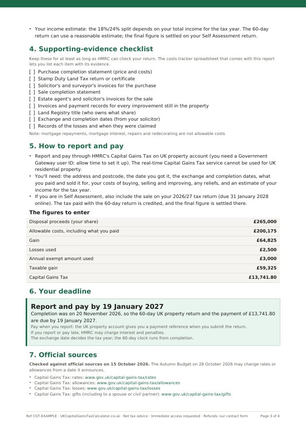 Page 3 of an example report: evidence checklist and how to report