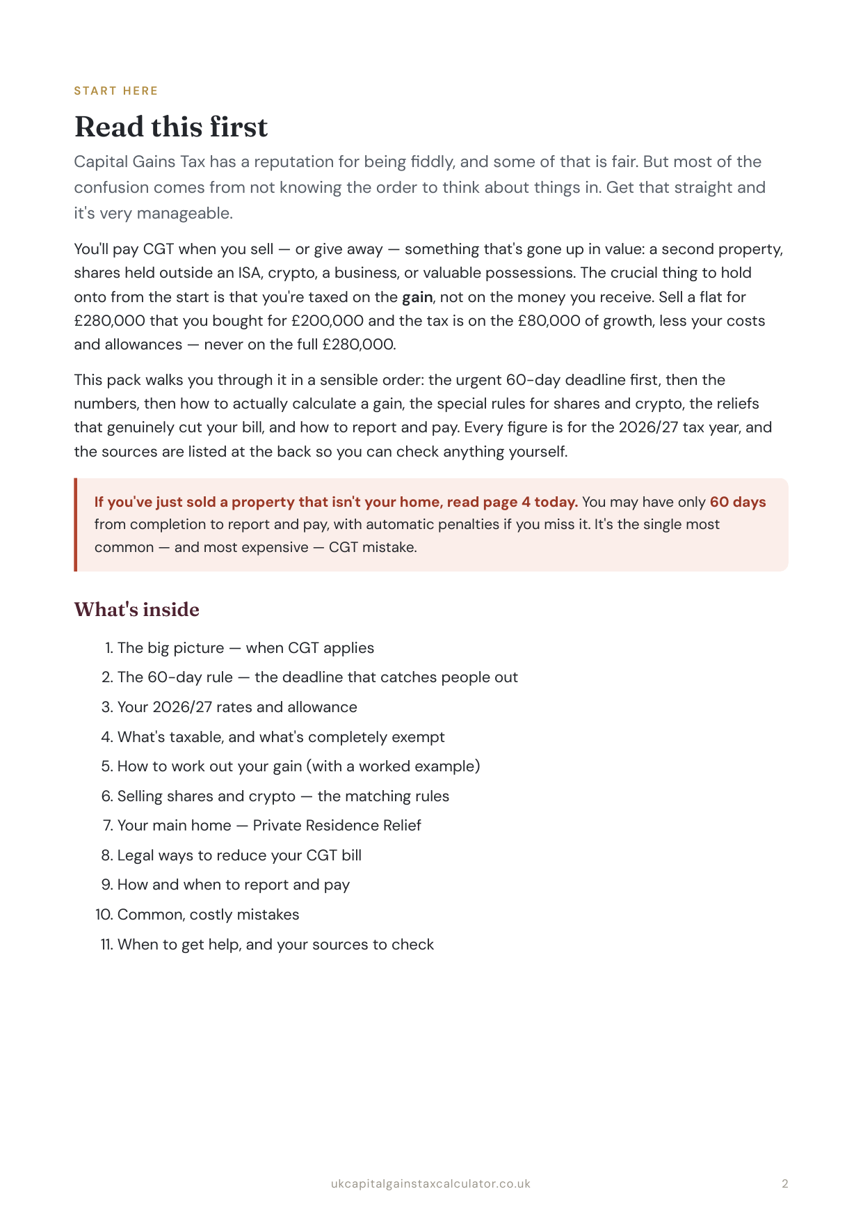Capital Gains Tax Survival Pack — contents page